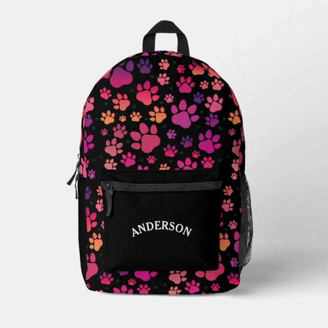  Personalised Name Purple Paw Pattern Printed Backpack (Front)