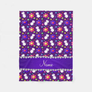 Personalised name purple penguins flowers fleece blanket