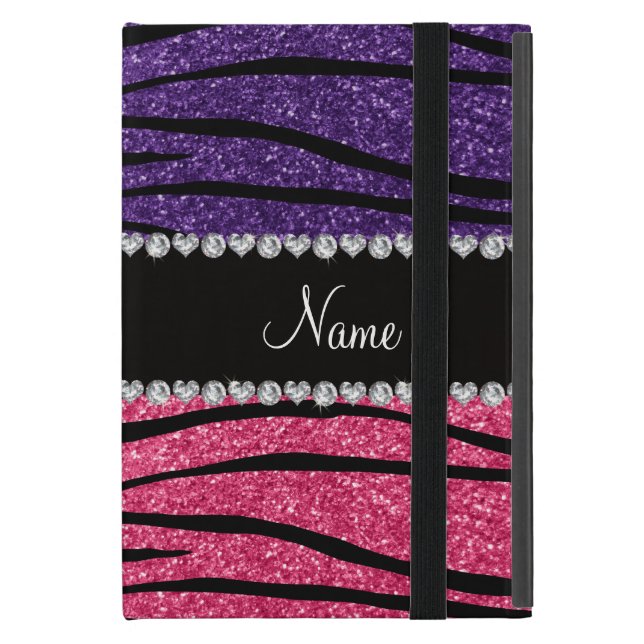 Personalised name purple pink glitter zebra stripe iPad mini case (Front Closed)
