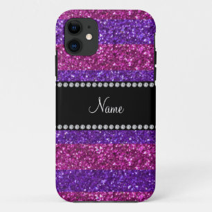 Personalised name purple pink stripes glitter iPhone 11 case