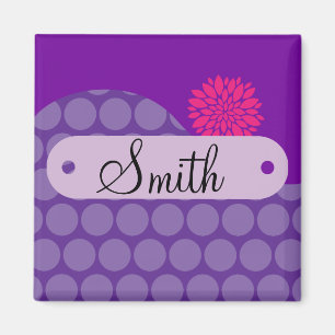 Personalised Name Purple Polka Dots Pink Flower Magnet