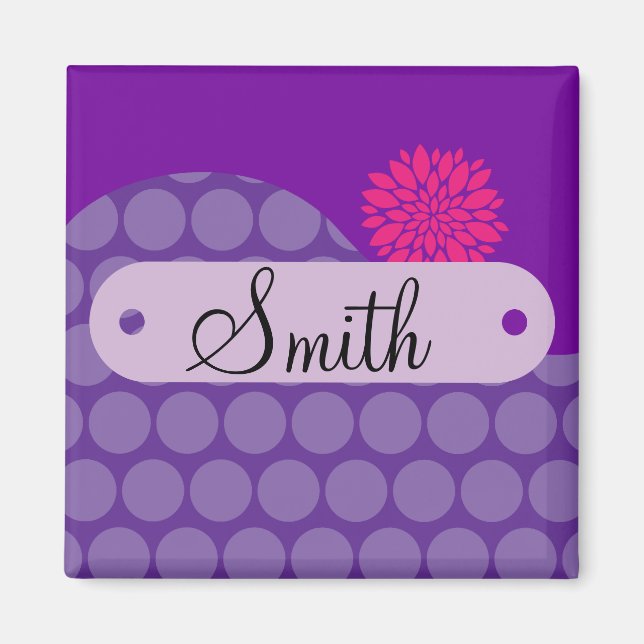 Personalised Name Purple Polka Dots Pink Flower Magnet (Front)