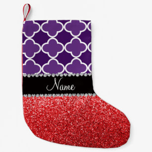 Personalised name purple quatrefoil red glitter small christmas stocking