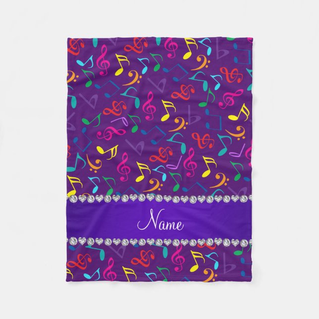 Personalised name purple rainbow music notes fleece blanket (Front)