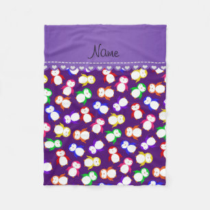 Personalised name purple rainbow penguins fleece blanket
