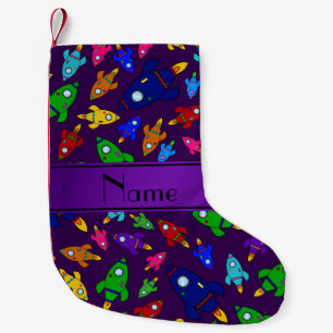 Personalised name purple rocket ships small christmas stocking