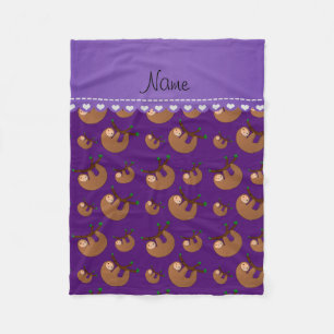 Personalised name purple sloth pattern fleece blanket