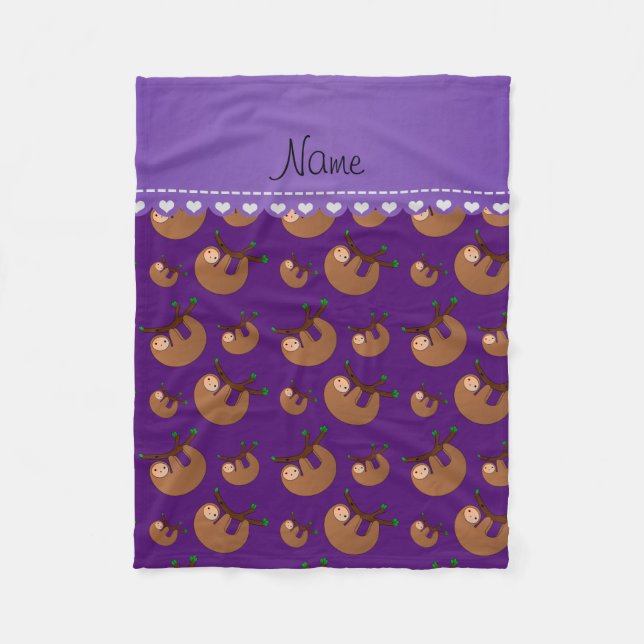 Personalised name purple sloth pattern fleece blanket (Front)