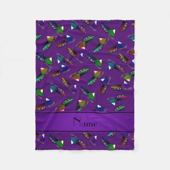 Personalised name purple snowmobiles fleece blanket (Front)