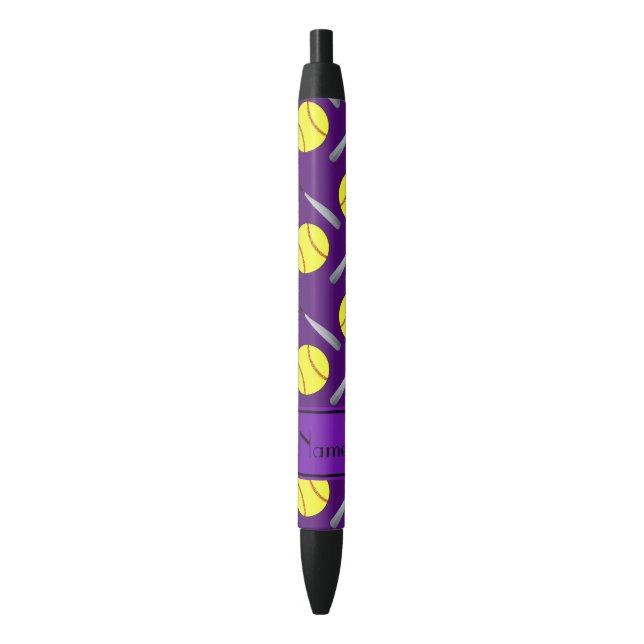 Personalised name purple softball pattern black ink pen (Front Vertical)
