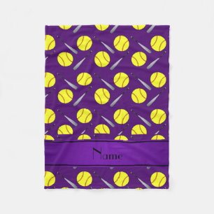 Personalised name purple softball pattern fleece blanket