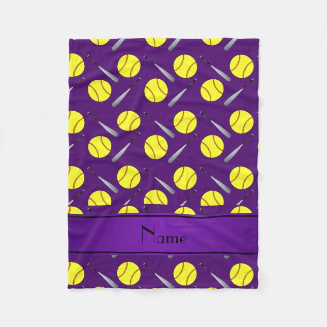 Personalised name purple softball pattern fleece blanket (Front)