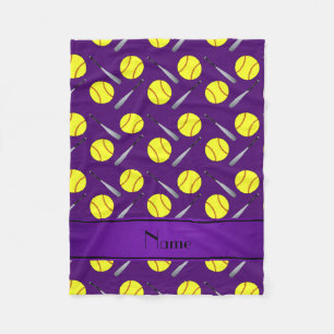 Personalised name purple softball pattern fleece blanket