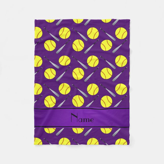 Personalised name purple softball pattern fleece blanket (Front)