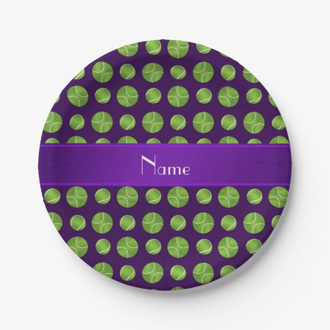 Personalised name purple tennis balls pattern paper plate (Front)