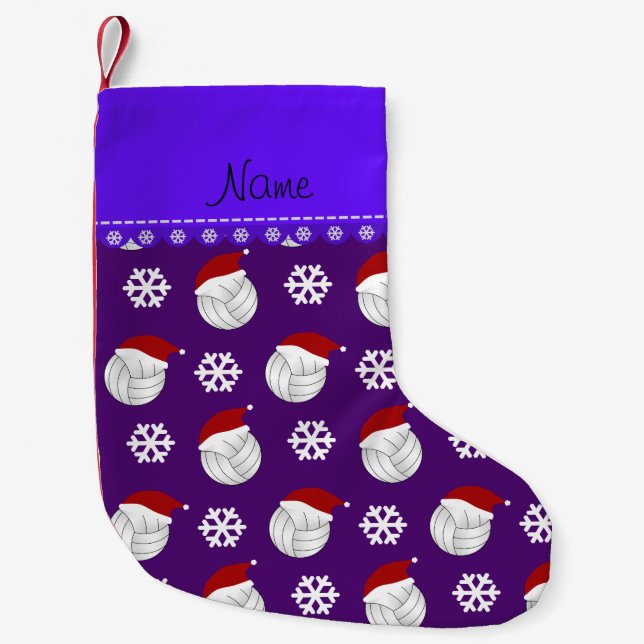 Personalised name purple volleyballs santa hats small christmas stocking (Front)