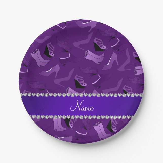 Personalised name purple women's shoes pattern paper plate (Front)