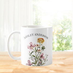 Personalised Name Purple Yellow Wildflower Bouquet Coffee Mug