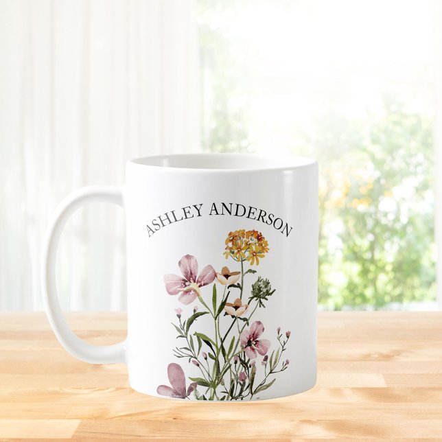 Personalised Name Purple Yellow Wildflower Bouquet Coffee Mug (In situ Kitchen table)