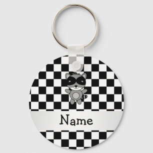 Personalised name racoon black white checkers key ring