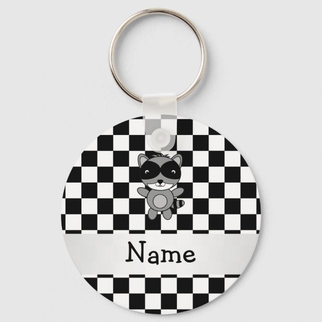 Personalised name racoon black white checkers key ring (Front)
