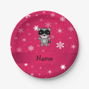 Personalised name racoon pink snowflakes paper plate