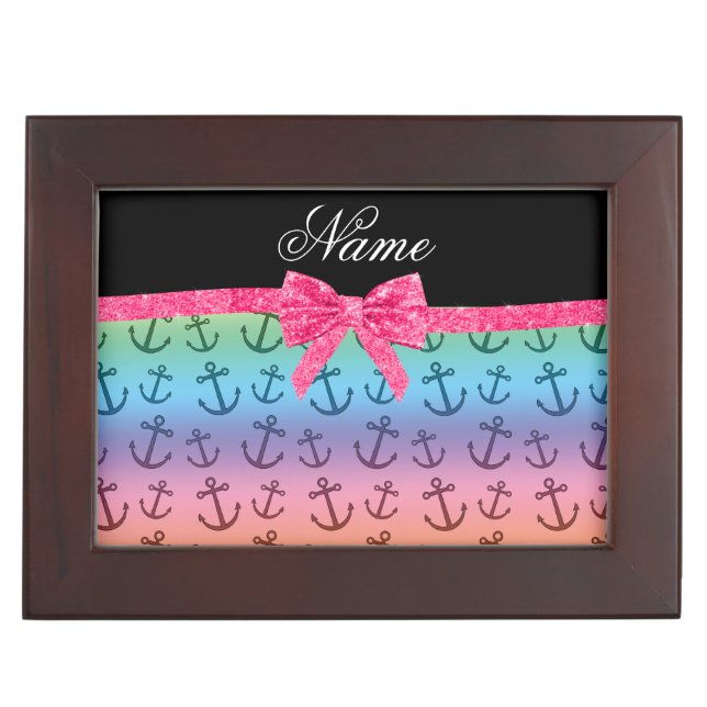 Personalised name rainbow anchors glitter bow keepsake box (Front)