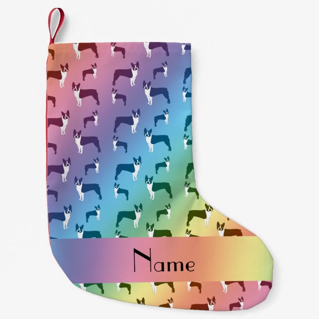 Personalised name rainbow boston terrier small christmas stocking (Front)