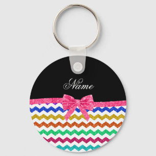 Personalised name rainbow chevrons pink bow key ring