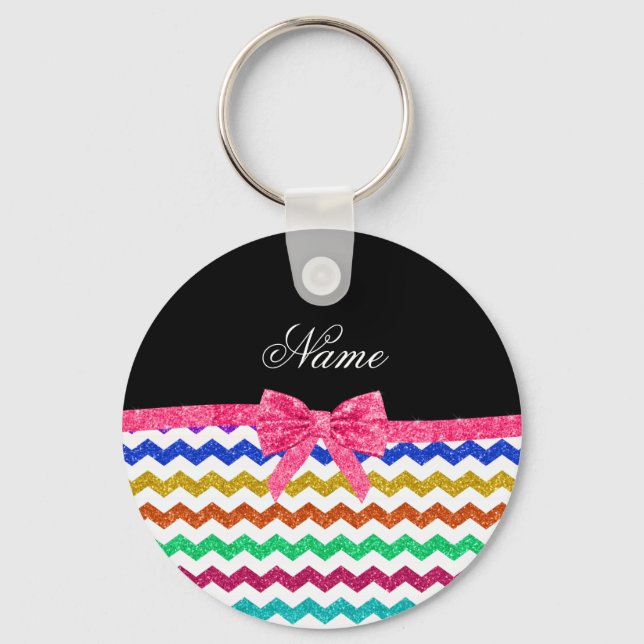 Personalised name rainbow chevrons pink bow key ring (Front)