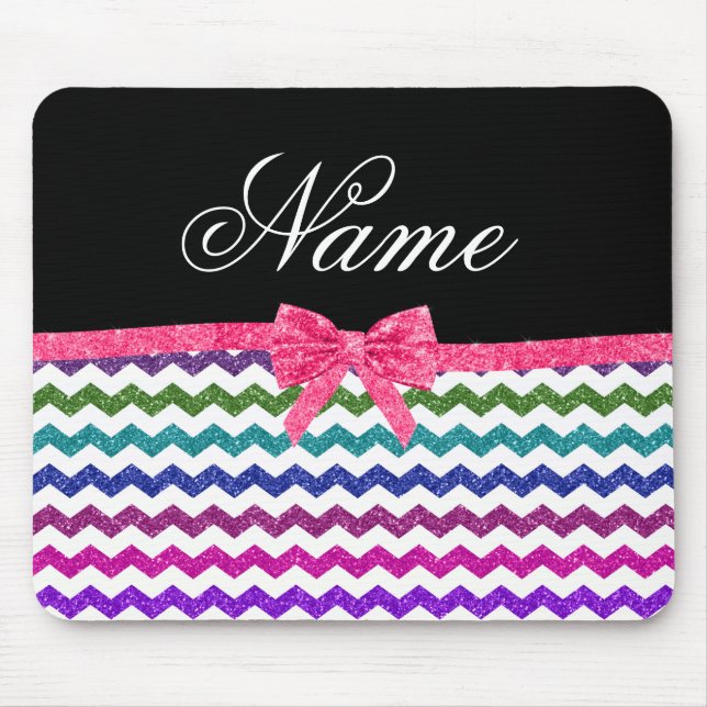 Personalised name rainbow chevrons pink bow mouse pad (Front)