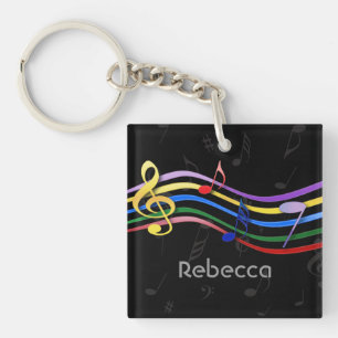 Personalised Name Rainbow Coloured Music Notes Key Ring