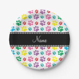 Personalised name rainbow dog paws paper plate