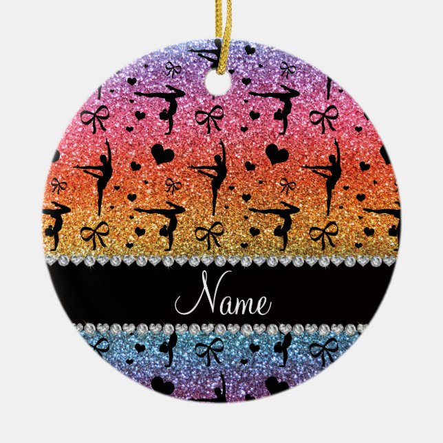 Personalised name rainbow glitter gymnastics ceramic ornament (Front)