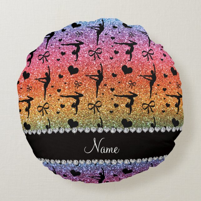 Personalised name rainbow glitter gymnastics round cushion (Back)