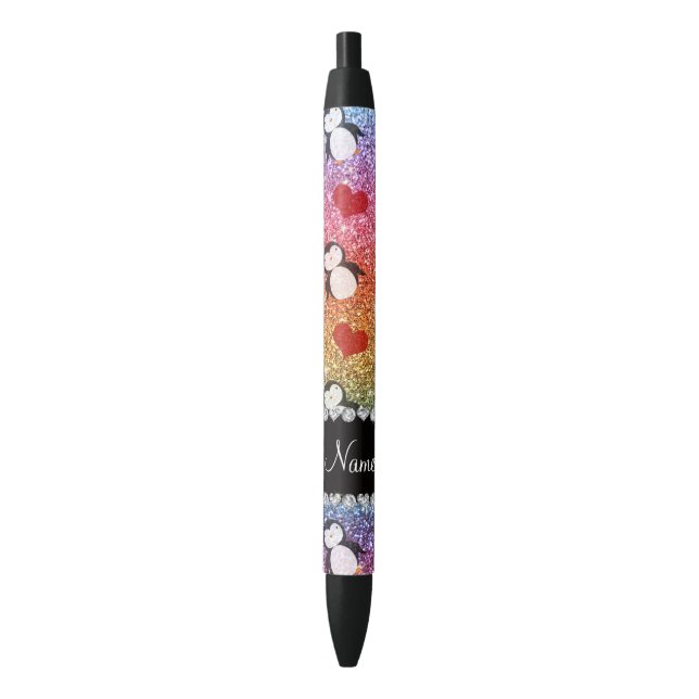 Personalised name rainbow glitter penguins hearts black ink pen (Front Vertical)