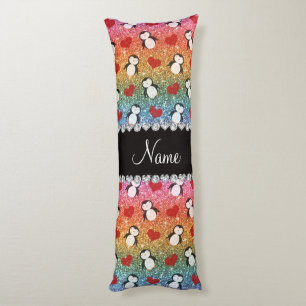 Personalised name rainbow glitter penguins hearts body cushion