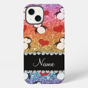 Personalised name rainbow glitter penguins hearts iPhone case