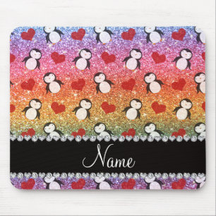 Personalised name rainbow glitter penguins hearts mouse pad