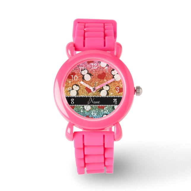Personalised name rainbow glitter penguins hearts watch (Front)