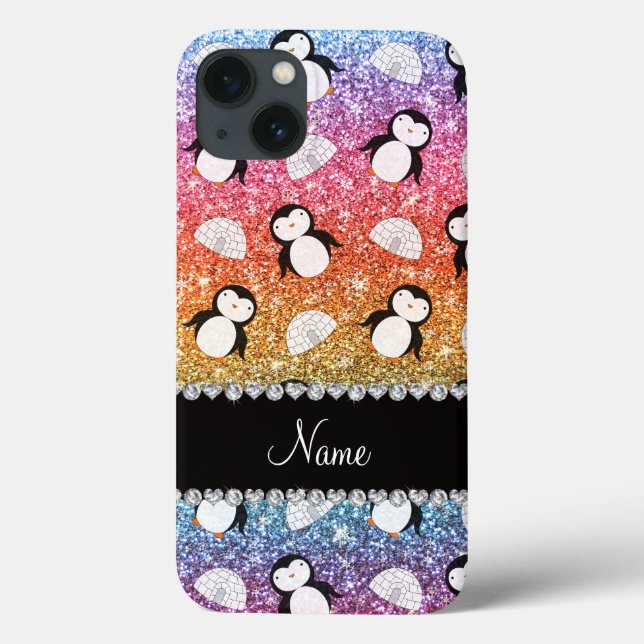 Personalised name rainbow glitter penguins igloos Case-Mate iPhone case (Back)