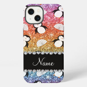 Personalised name rainbow glitter penguins igloos iPhone case
