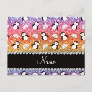 Personalised name rainbow glitter penguins igloos postcard