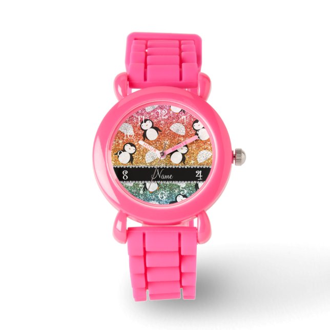 Personalised name rainbow glitter penguins igloos watch (Front)