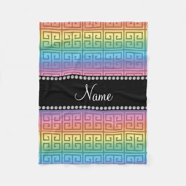 Personalised name rainbow greek key pattern fleece blanket (Front)