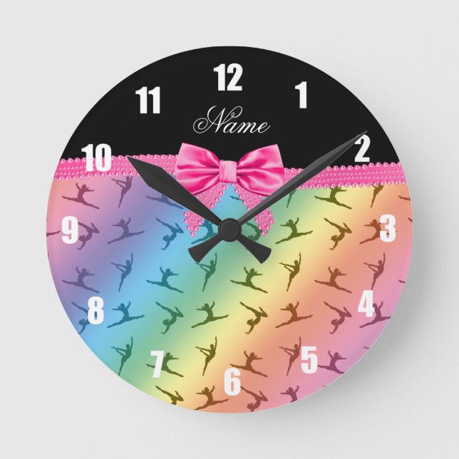 Personalised name rainbow gymnastics pink bow round clock (Front)