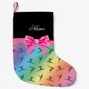 Personalised name rainbow gymnastics pink bow small christmas stocking