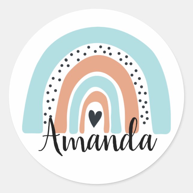 Personalised Name Rainbow Heart Blue Peach Classic Round Sticker (Front)