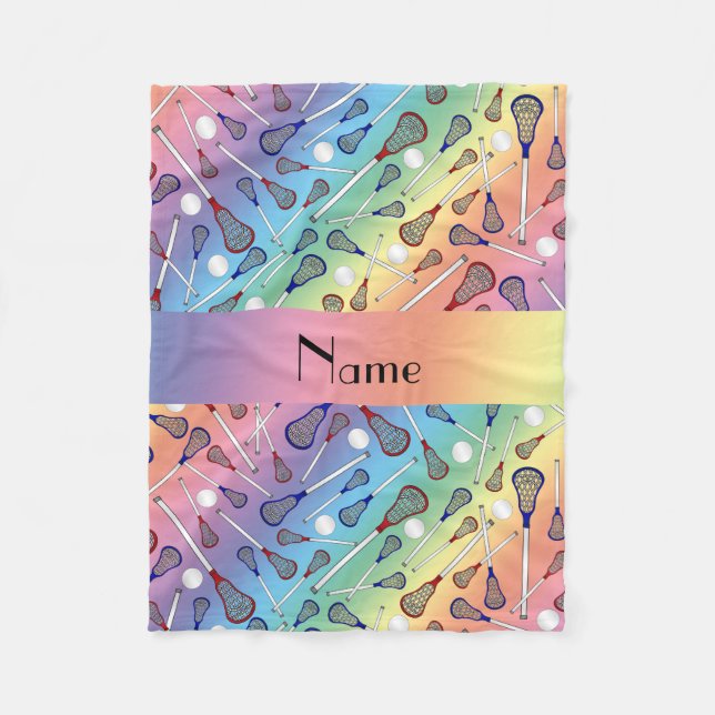 Personalised name rainbow lacrosse pattern fleece blanket (Front)