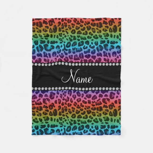 Personalised name rainbow leopard pattern fleece blanket (Front)